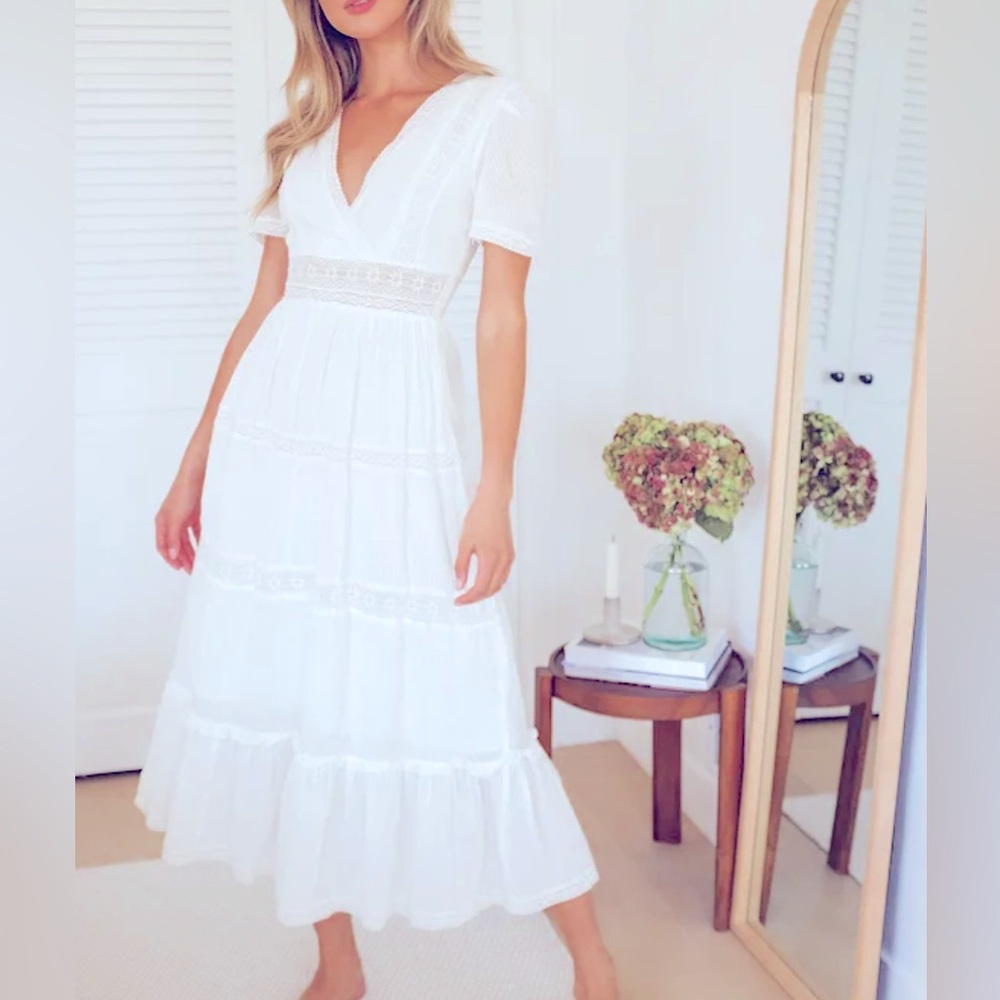 Lulus Folklore Swiss Dot Lace Tiered Midi Dress Cotton White Large NWT
